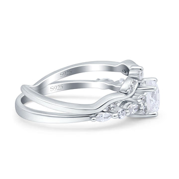 Two Piece Vintage Style Art Deco Engagement Bridal Set Ring Round Simulated Cubic Zirconia 925 Sterling Silver